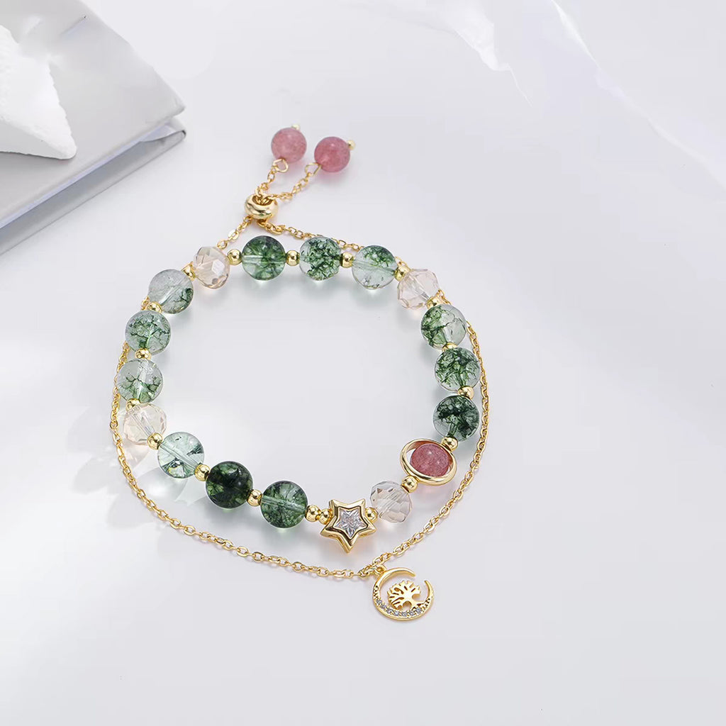 Green Phantom and Strawberry Quartz Double-Layer Bracelet