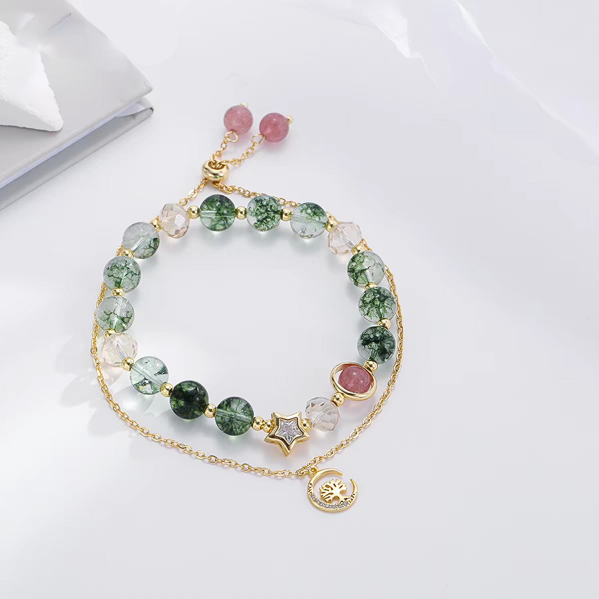 Green Phantom and Strawberry Quartz Double-Layer Bracelet