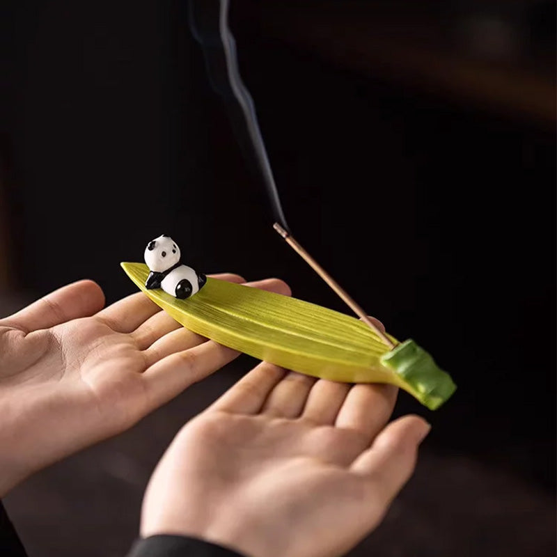 Cute Panda Ceramic Incense Box &amp; Bamboo-Design Stick Holder