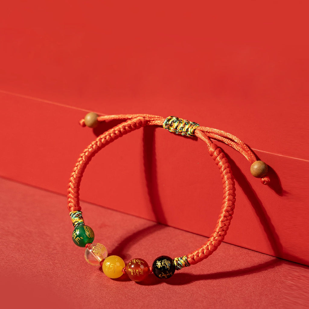 Five-Element Bead Red Cord Bracelet