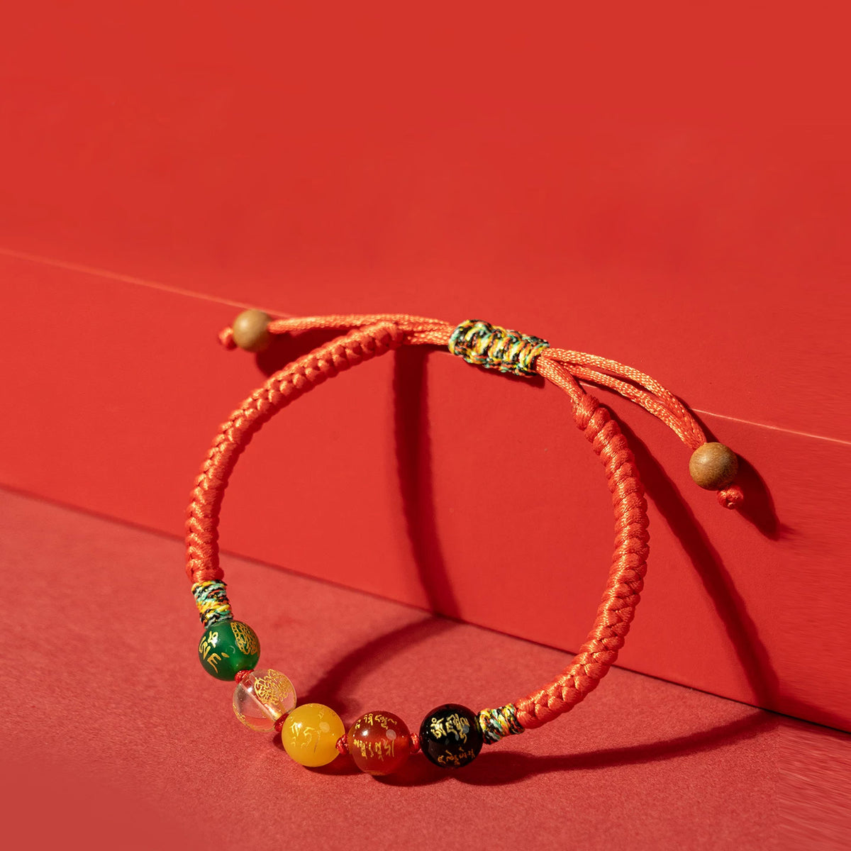 Five-Element Bead Red Cord Bracelet