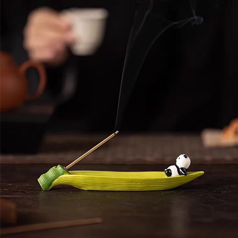 Cute Panda Ceramic Incense Box &amp; Bamboo-Design Stick Holder