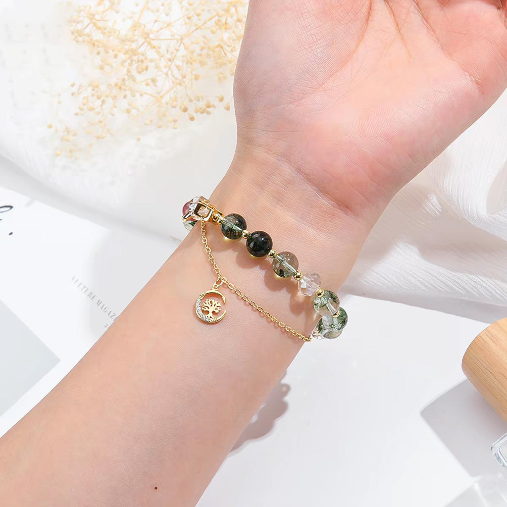 Green Phantom and Strawberry Quartz Double-Layer Bracelet