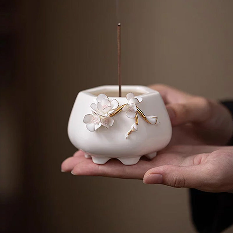 Hand-sculpted floral white porcelain aroma burner and creative ceramic incense stick holder