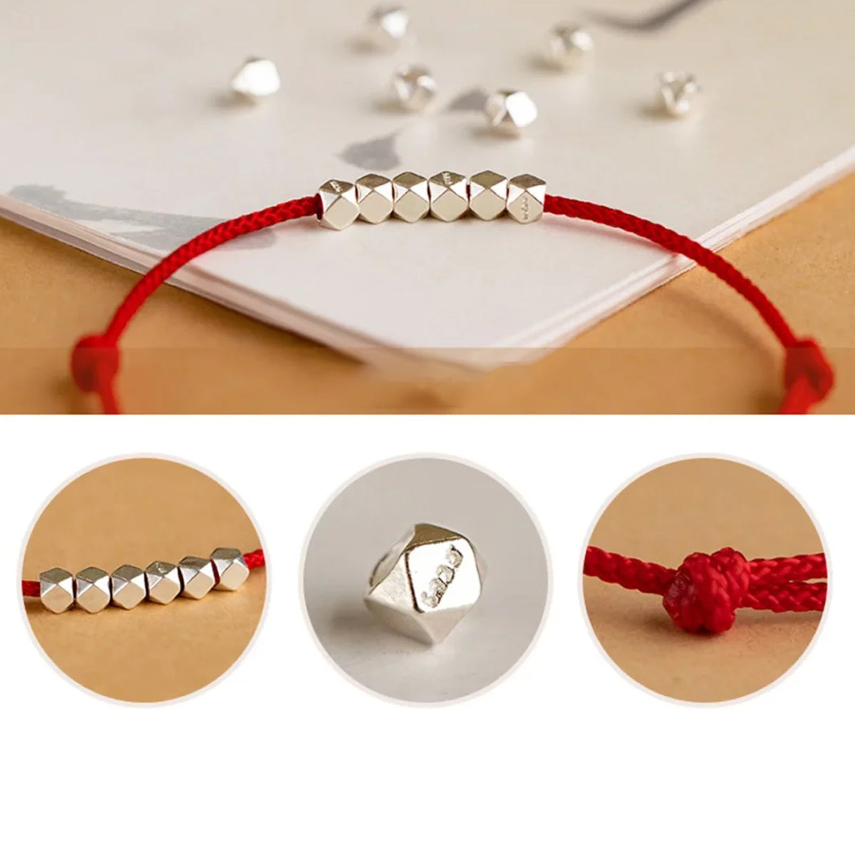 Red cord bracelet with large "broken silver" beads