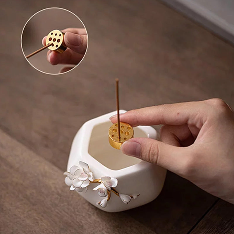 Hand-sculpted floral white porcelain aroma burner and creative ceramic incense stick holder