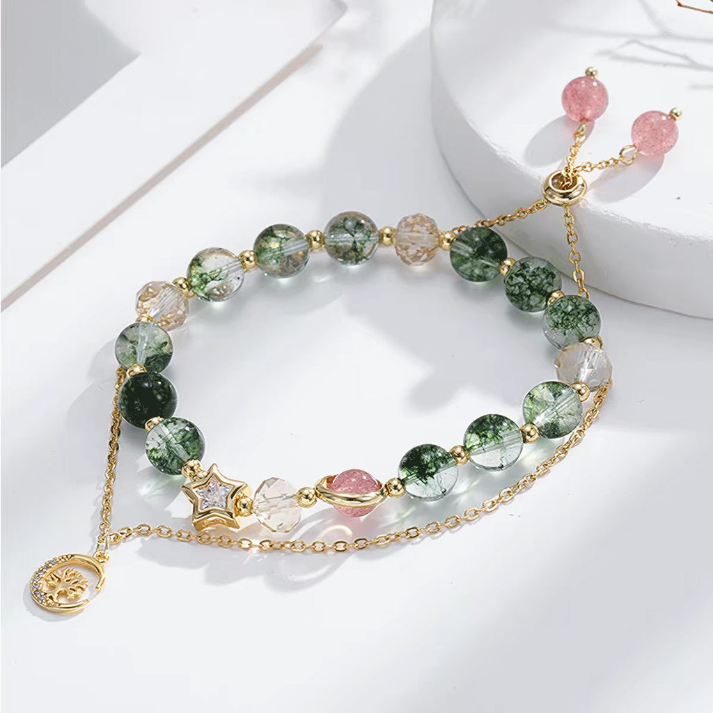 Green Phantom and Strawberry Quartz Double-Layer Bracelet