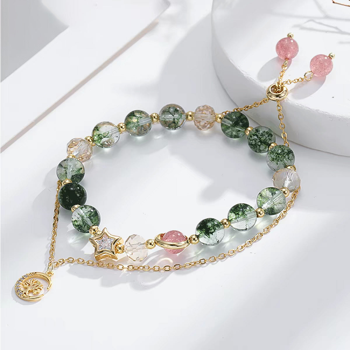 Green Phantom and Strawberry Quartz Double-Layer Bracelet