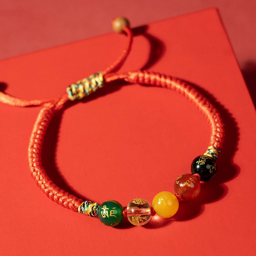 Five-Element Bead Red Cord Bracelet