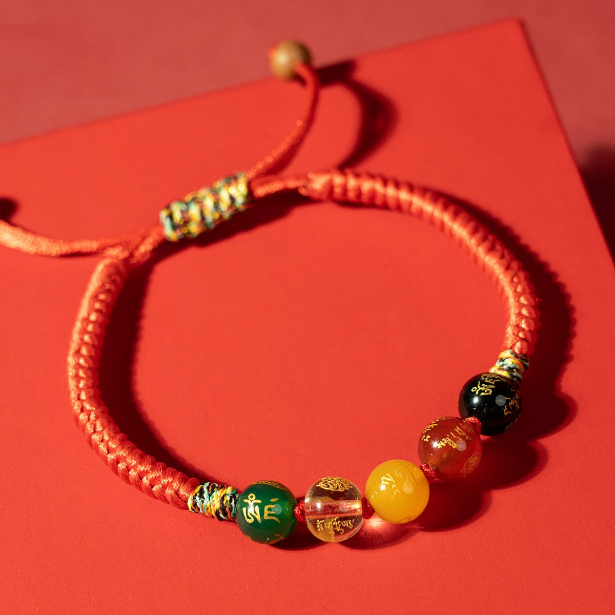 Five-Element Bead Red Cord Bracelet