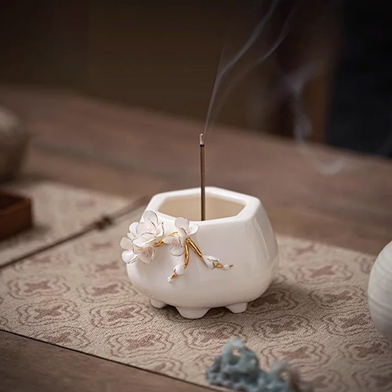 Hand-sculpted floral white porcelain aroma burner and creative ceramic incense stick holder