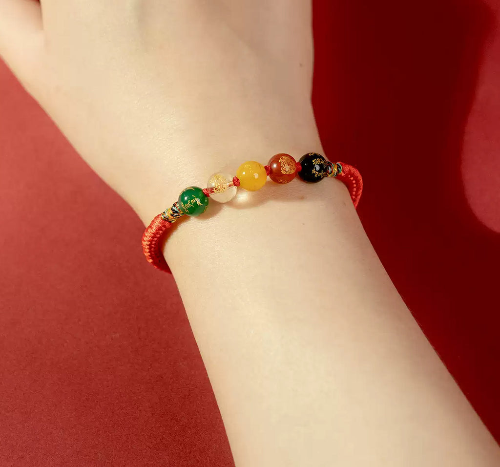 Five-Element Bead Red Cord Bracelet