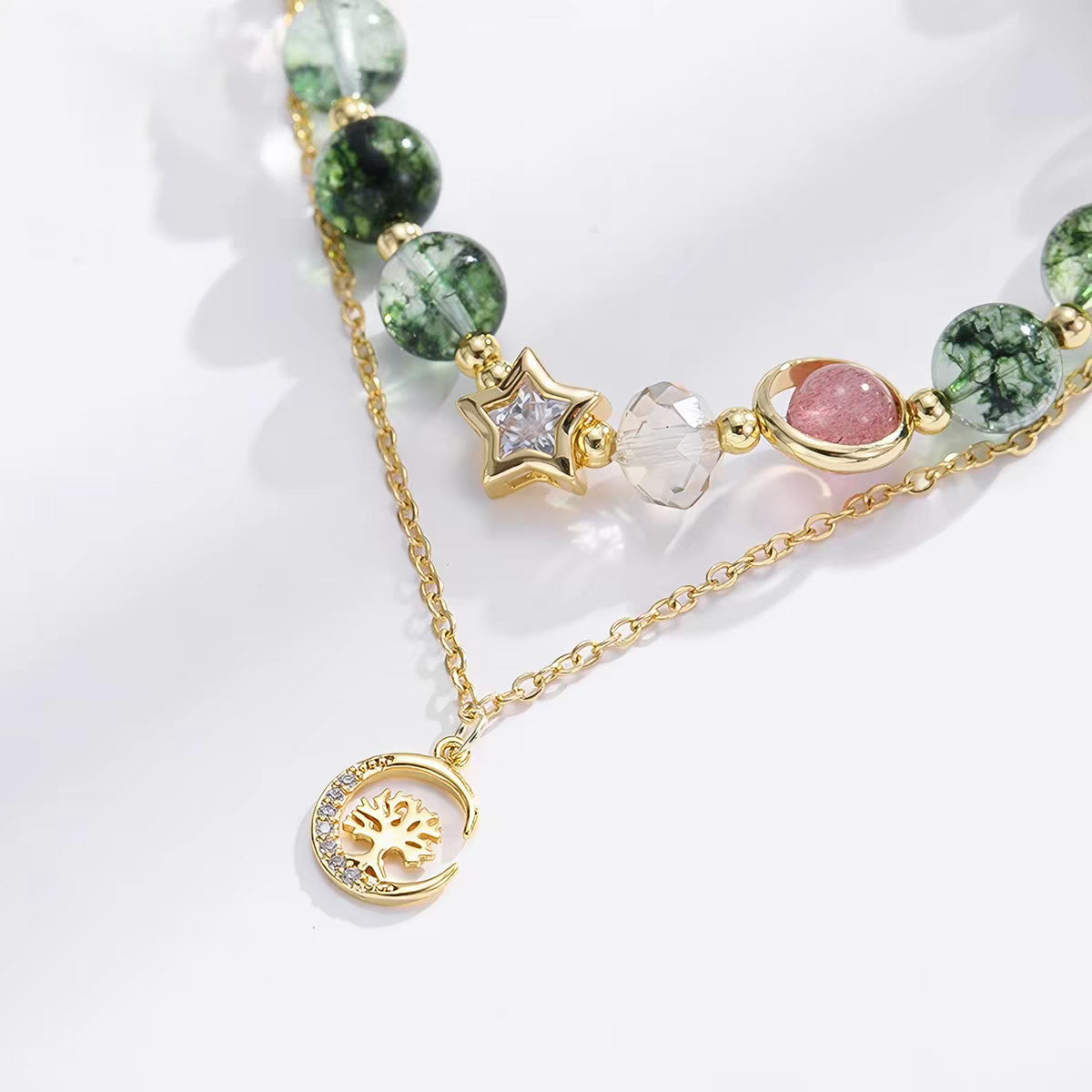 Green Phantom and Strawberry Quartz Double-Layer Bracelet
