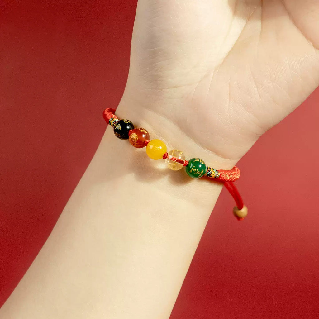 Five-Element Bead Red Cord Bracelet