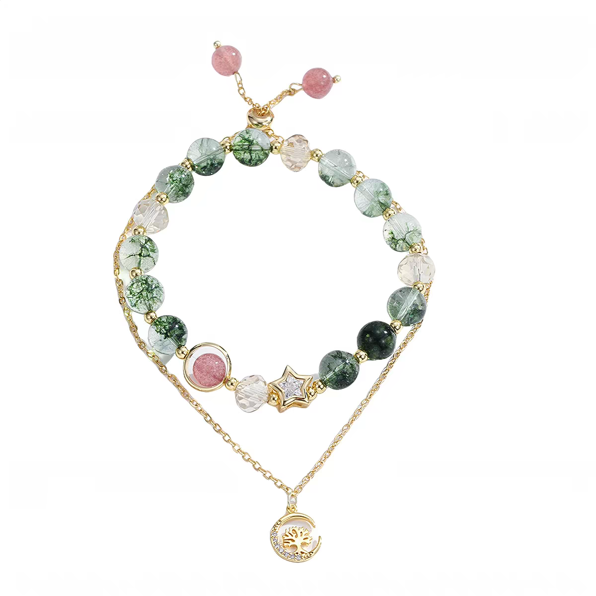 Green Phantom and Strawberry Quartz Double-Layer Bracelet